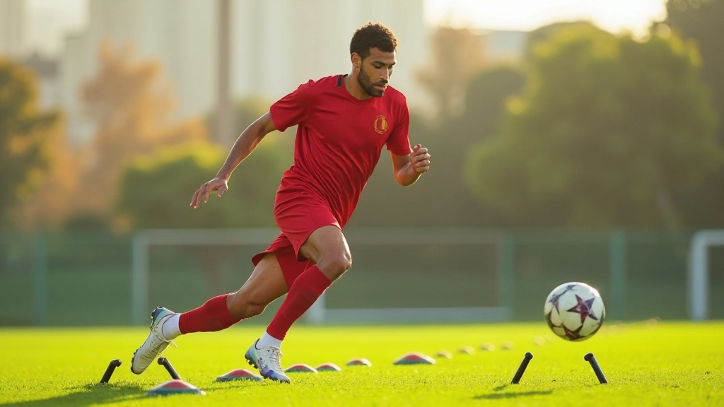 لاعب كرة قدم يمارس تمارين السرعة والرشاقة على ملعب التدريب